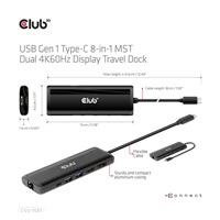Club3D Dokovací stanice USB-C, 8-in-1 MST Dual (1x HDMI/1x DP) 4K60Hz, Display Travel Dock