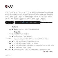 Club3D Dokovací stanice USB-C, 8-in-1 MST Dual (1x HDMI/1x DP) 4K60Hz, Display Travel Dock