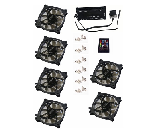 EUROCASE ventilátor RGB 120mm (FullControl spot Led), set 6ks + controller