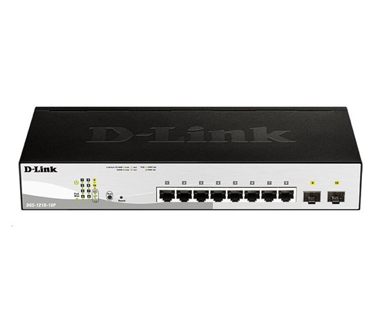 D-Link DGS-1210-10P 10-port Gigabit Smart+ PoE Switch, 8x GbE PoE+, 2x SFP, PoE 65W, fanless