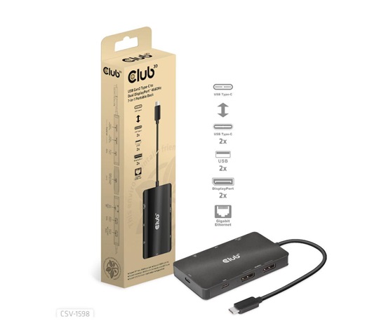 Club3D Dokovací stanice USB Gen2 Type-C na Dual DisplayPort 4k60Hz 7-in-1 Portable Dock
