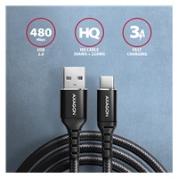 AXAGON BUCM-AM15AB, HQ kabel USB-C <-> USB-A, 1.5m, USB 2.0, 3A, ALU, oplet, černý