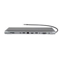 PREMIUMCORD Dokovací stanice USB-C 10v1, 1xHDMI, 1xVGA, 2xUSB-C, 3xUSB, 1xRJ45, čtečka SD karet, šedá