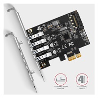 AXAGON PCEU-43RS, PCIe řadič, 4x USB 3.2 Gen 1 port, 5 Gbps, napájení z PCIe nebo SATA, SP & LP