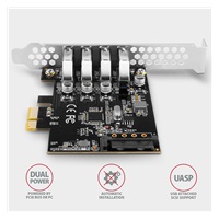 AXAGON PCEU-43RS, PCIe řadič, 4x USB 3.2 Gen 1 port, 5 Gbps, napájení z PCIe nebo SATA, SP & LP