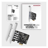 AXAGON PCEU-43RS, PCIe řadič, 4x USB 3.2 Gen 1 port, 5 Gbps, napájení z PCIe nebo SATA, SP & LP