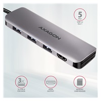 AXAGON HMC-HCR3A, USB 3.2 Gen 1 hub, porty 3x USB-A, HDMI 4k/30Hz, SD/microSD, kabel USB-C 20cm