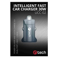 C-TECH nabíječka USB do auta UCC-02, 1x Type C + 1 x Type A, 30W