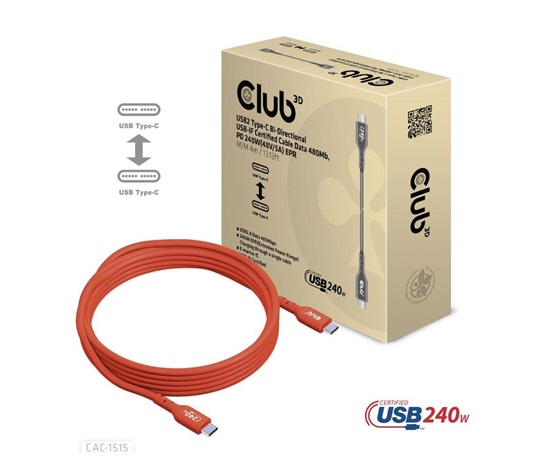 Club3D kabel USB-C, Oboustranný USB-IF Certifikovaný data kabel, PD 240W(48V/5A) EPR M/M 4m