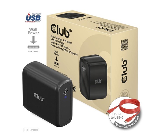 Club3D cestovní nabíječka 100W GAN technologie, USB-IF TID certified, USB Type-C, Power Delivery(PD) 3.0 Support