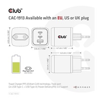 Club3D cestovní nabíječka 65W GAN technologie, 3 porty (2xUSB-C + USB-A), PPS, Power Delivery(PD) 3.0 Support