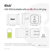 Club3D cestovní nabíječka 65W GAN technologie, 3 porty (2xUSB-C + USB-A), PPS, Power Delivery(PD) 3.0 Support