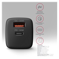 AXAGON ACU-PQ30, Sil nabíječka do sítě 30W, 2x port (USB-A + USB-C), PD3.0/PPS/QC4+/SFC/AFC/Apple, černá