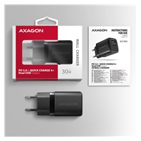 AXAGON ACU-PQ30, Sil nabíječka do sítě 30W, 2x port (USB-A + USB-C), PD3.0/PPS/QC4+/SFC/AFC/Apple, černá