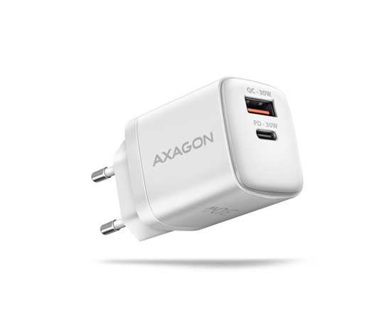 AXAGON ACU-PQ30W, Sil nabíječka do sítě 30W, 2x port (USB-A + USB-C), PD3.0/PPS/QC4+/SFC/AFC/Apple, bílá