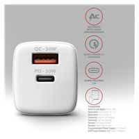 AXAGON ACU-PQ30W, Sil nabíječka do sítě 30W, 2x port (USB-A + USB-C), PD3.0/PPS/QC4+/SFC/AFC/Apple, bílá
