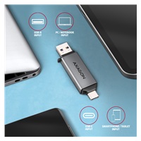 AXAGON CRE-DAC, USB-C + USB-A, 5 Gbps - MINI čtečka karet, 2-slot & lun SD/microSD, podpora UHS-I