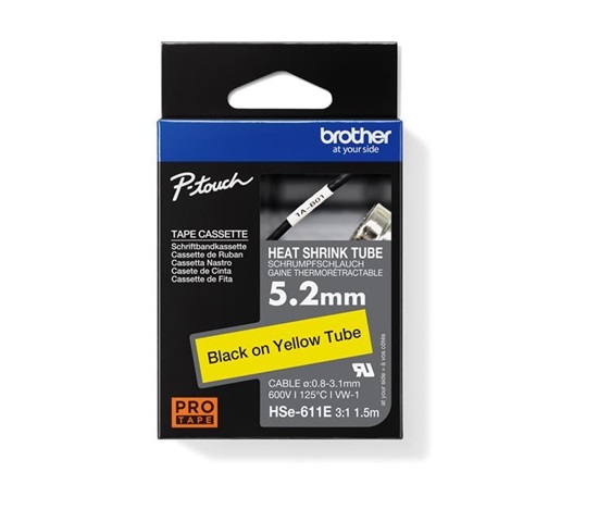Před použitím nových bužírek HSe-xxxE je nutné aktualizovat firmware tiskárny.<br>
BROTHER smršťovací bužírka - HSE-611E žlutá pro E300VP H300 H500 E550 P700 P750 D800 P900 P950 - 5,2 / o 0,8-3,1 / 3:1