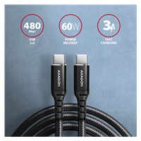 AXAGON BUCM-CM15AB, HQ kabel USB-C <-> USB-C, 1.5m, USB 2.0, PD 60W 3A, ALU, oplet, černý