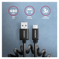 AXAGON BUCM-AM20TB, TWISTER kabel USB-C <-> USB-A, 1.1m, USB 2.0, 3A, ALU, tpe, černý