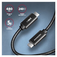 AXAGON BUCM2-CM15AB, CHARGE kabel USB-C <-> USB-C, 1.5m, Hi-Speed USB, PD 240W 5A, ALU, oplet, černý