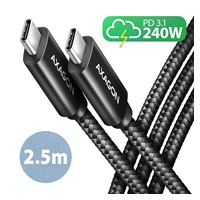 AXAGON BUCM2-CM25AB, CHARGE kabel USB-C <-> USB-C, 2.5m, Hi-Speed USB, PD 240W 5A, ALU, oplet, černý