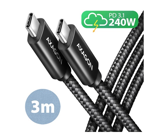 AXAGON BUCM2-CM30AB, CHARGE kabel USB-C <-> USB-C, 3m, Hi-Speed USB, PD 240W 5A, ALU, oplet, černý