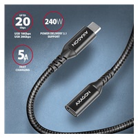AXAGON BUCM32-CF15AB prodlužovací kabel USB-C (M) <-> USB-C (F), 1.5m, USB 20Gbps, PD 240W 5A, 8K HD, ALU, oplet, černý