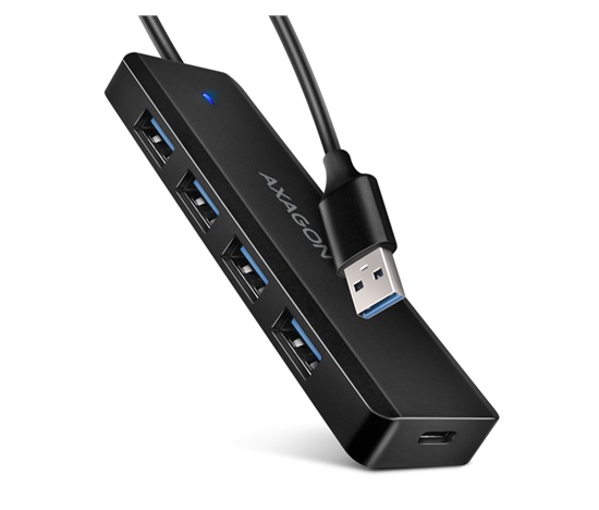 AXAGON HUE-C1A, 4x USB 5Gbps TRAVEL hub, USB-C napájecí konektor, kabel USB-A 19cm