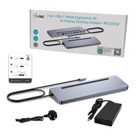 i-tec USB-C Metal Ergonomic 4K 3x Display Docking Station, PD 100W + i-tec Universal Charger 100W (bundle)