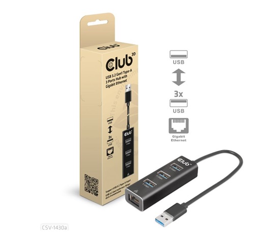 Club3D Rozbočovač, USB-A 3.2 Gen1 na 3x USB 3.1, Gigabit Ethernet