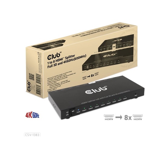 Club3D Video splitter 1:8 HDMI 2.0 4K60Hz UHD (600Mhz), 8 portů