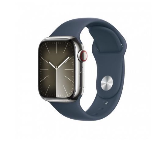 APPLE Watch Series 9 GPS + Cellular 45mm Silver Stainless Steel Case with Storm Blue Sport Band - M/L