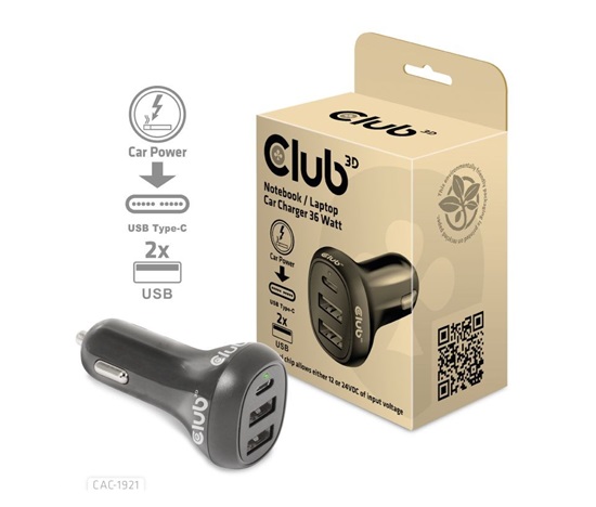 Club3D Auto nabíječka pro Notebooky 36W, 3 porty (2xUSB-A + USB-C)