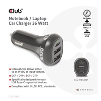 Club3D Auto nabíječka pro Notebooky 36W, 3 porty (2xUSB-A + USB-C)
