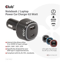 Club3D Auto nabíječka pro Notebooky 63W, 2 porty (USB-A + USB-C)
