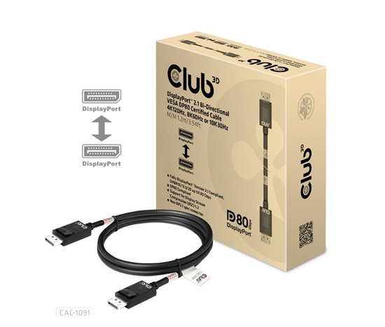 Club3D Kabel aktivní DisplayPort 2.1 na DisplayPort 2.1 4K120Hz/8K60Hz HDR (M/M), 1.2m, černá
