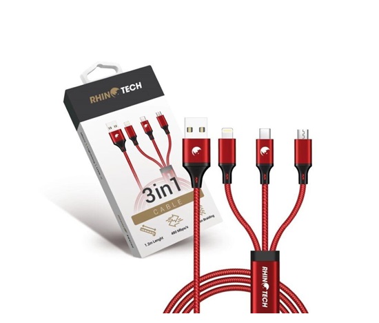 RhinoTech nabíjecí a datový kabel 3v1 USB-A (MicroUSB + Lightning + USB-C) 1,2m červená