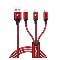 RhinoTech nabíjecí a datový kabel 3v1 USB-A (MicroUSB + Lightning + USB-C) 1,2m červená