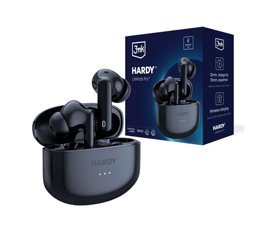 3mk bezdrátová stereo sluchátka HARDY LifePods Pro, stereo, nabíjecí pouzdro, černá