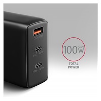 AXAGON ACU-DPQ100, GaN nabíječka do sítě 100W, 3x port (USB-A + dual USB-C), PD3.0/PPS/QC4+/Apple, černá