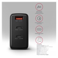 AXAGON ACU-DPQ100, GaN nabíječka do sítě 100W, 3x port (USB-A + dual USB-C), PD3.0/PPS/QC4+/Apple, černá