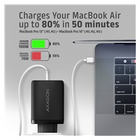 AXAGON ACU-DPQ100, GaN nabíječka do sítě 100W, 3x port (USB-A + dual USB-C), PD3.0/PPS/QC4+/Apple, černá