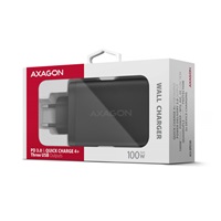 AXAGON ACU-DPQ100, GaN nabíječka do sítě 100W, 3x port (USB-A + dual USB-C), PD3.0/PPS/QC4+/Apple, černá