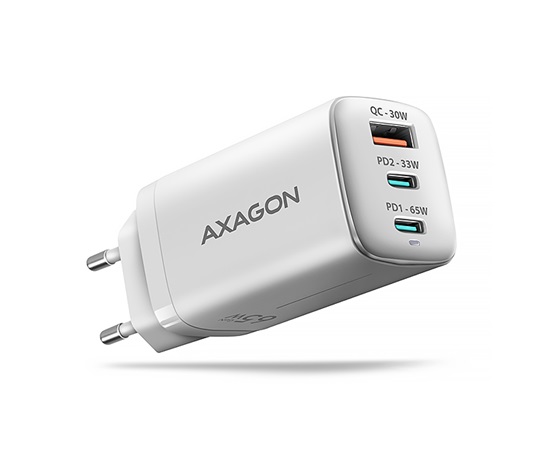 AXAGON ACU-DPQ65W, GaN nabíječka do sítě 65W, 3x port (USB-A + dual USB-C), PD3.0/QC4+/PPS/Apple, bílá