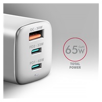 AXAGON ACU-DPQ65W, GaN nabíječka do sítě 65W, 3x port (USB-A + dual USB-C), PD3.0/QC4+/PPS/Apple, bílá