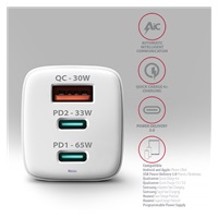 AXAGON ACU-DPQ65W, GaN nabíječka do sítě 65W, 3x port (USB-A + dual USB-C), PD3.0/QC4+/PPS/Apple, bílá