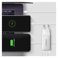 AXAGON ACU-DPQ65W, GaN nabíječka do sítě 65W, 3x port (USB-A + dual USB-C), PD3.0/QC4+/PPS/Apple, bílá