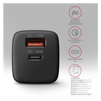AXAGON ACU-PQ20, nabíječka do sítě 20W, 2x port (USB-A + USB-C), PD3.0/PPS/QC4+/AFC/Apple, černá