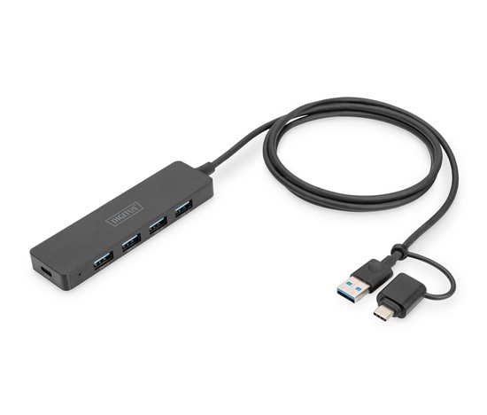 DIGITUS USB 3.0, Hub 4-Port, Slim Line with 120cm cable with USB-C adapterr